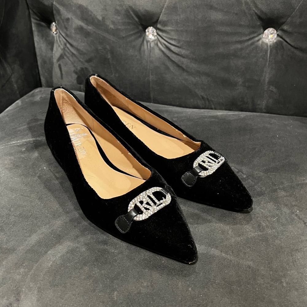 Lauren Ralph Lauren Black Velvet Crystal LRL Logo Pointed Toe Flats Shoes 7B